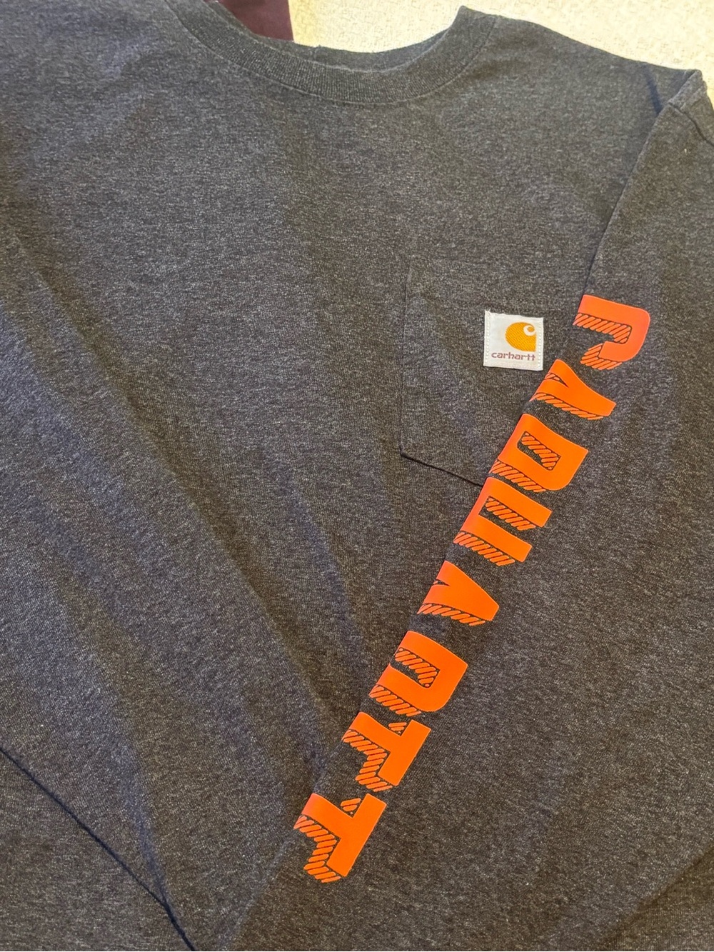 Two Carhartt Men's Long Sleeve Pocket Tee - Charcoal Gray and Maroon - Picture 2 of 8
